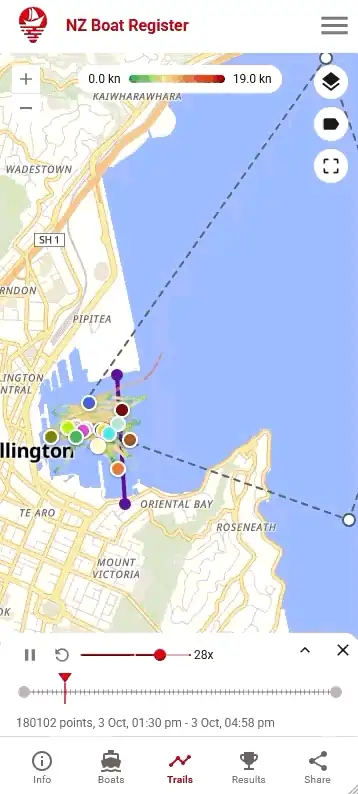 A race replayed on a phone in the NZ Boat Register race tracker: the fleet sails the course off Wellington, each boat drawing a trail coloured by its speed