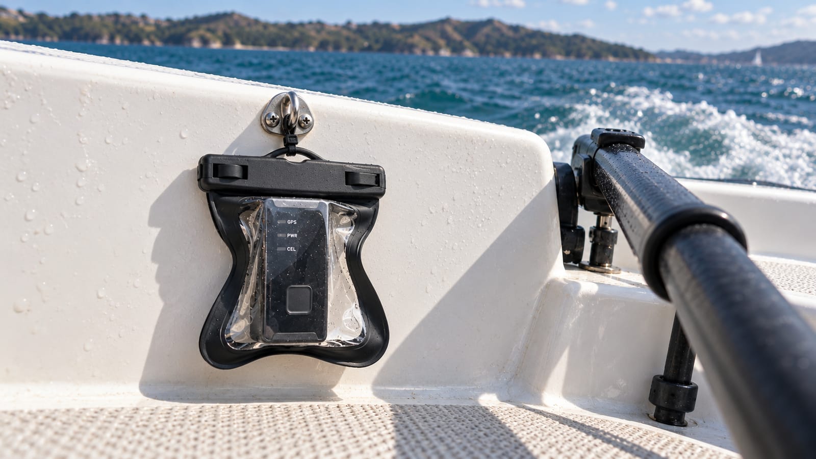 An AquaGPS RX in its waterproof bag, hung inside a boat's stern with the wake behind
